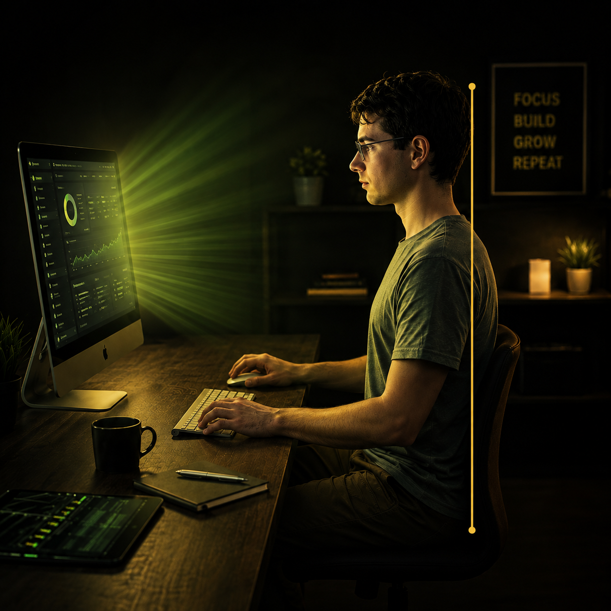 Person sitting upright at a computer after using SuperSit
